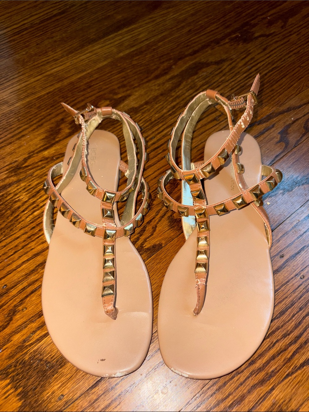 BCBG Generation Studded T-Strap Women's Sandals in Light Brown